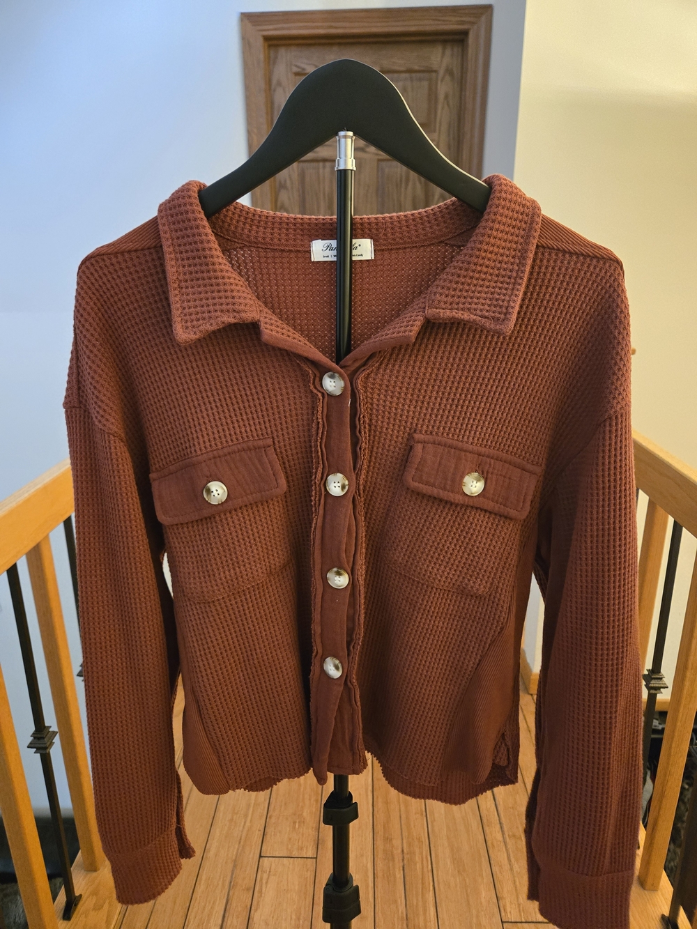 Waffle Knit Button-Front Cropped Cardigan Jacket - Rust